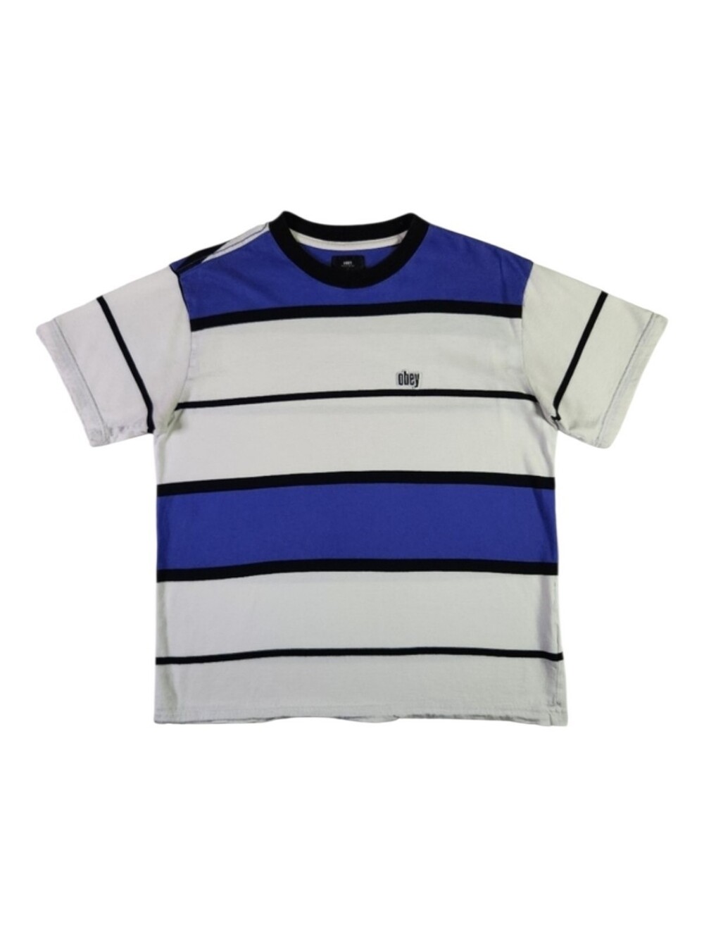 OBEY Striped Short Sleeve Graphic Tee Blue White Black T-Shirt Medium Retro Y2K